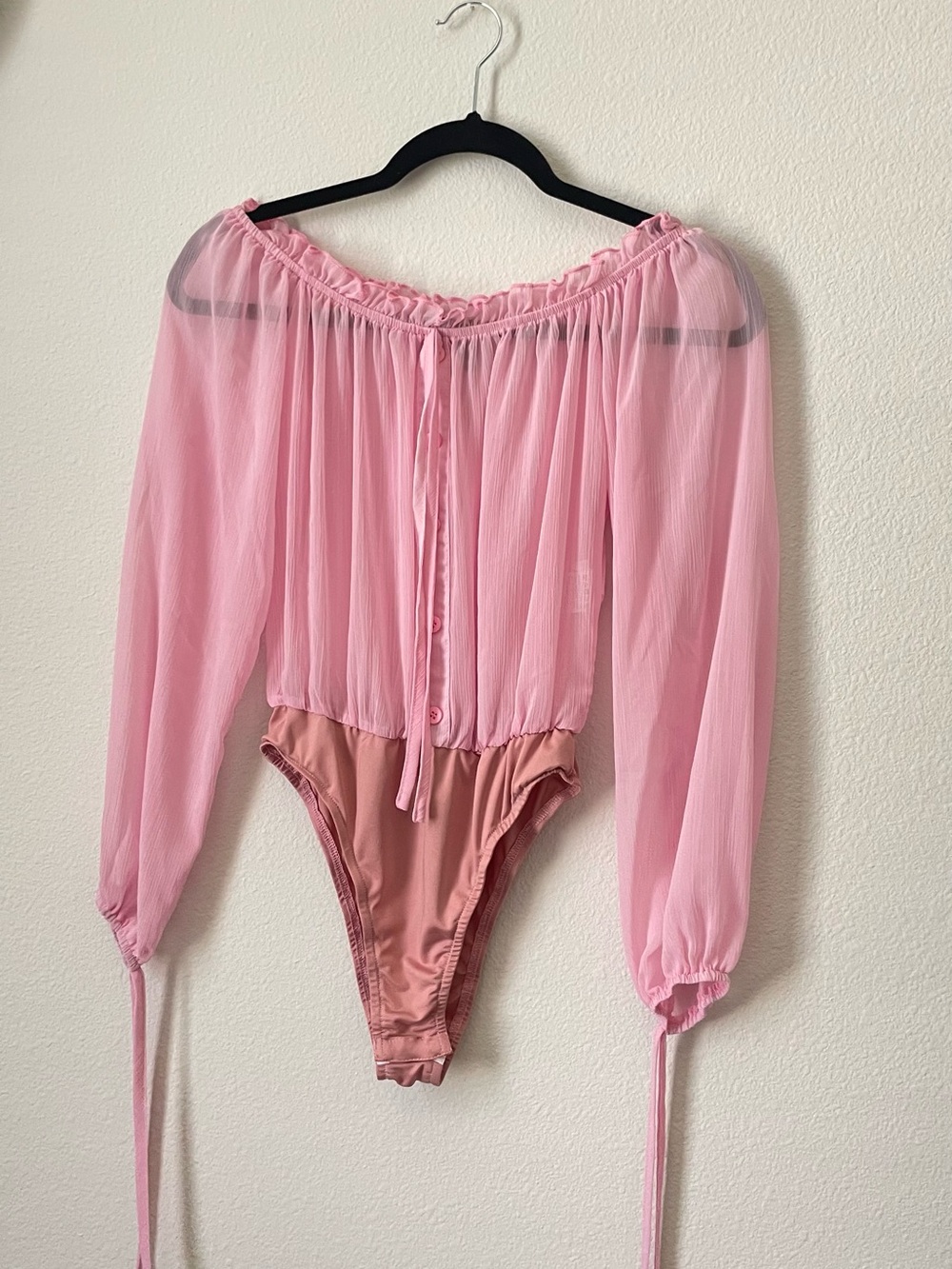 SHEIN Pink Sheer Long-Sleeve Chiffon Bodysuit